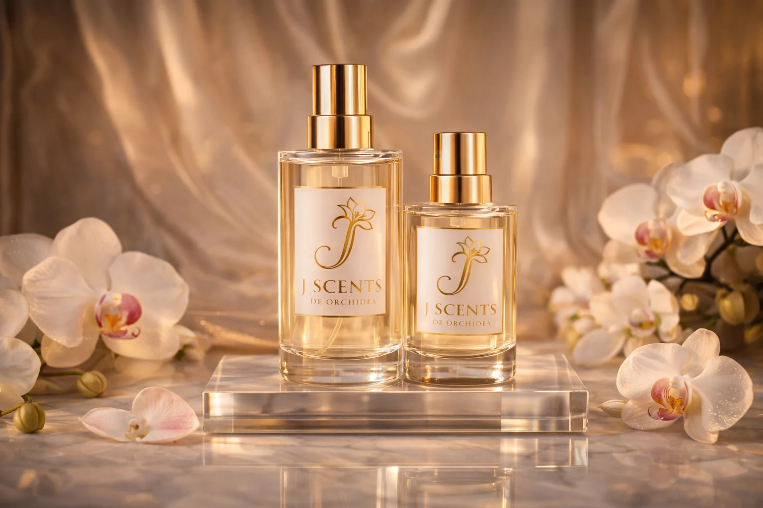 J Scents Orchidia perfume bottle on marble surface with orchid flowers