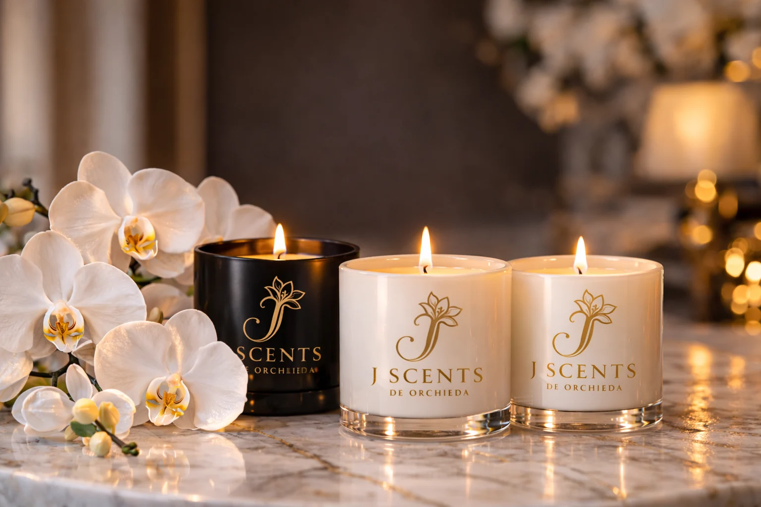J Scents sculptural candle collection with amber and tuberose