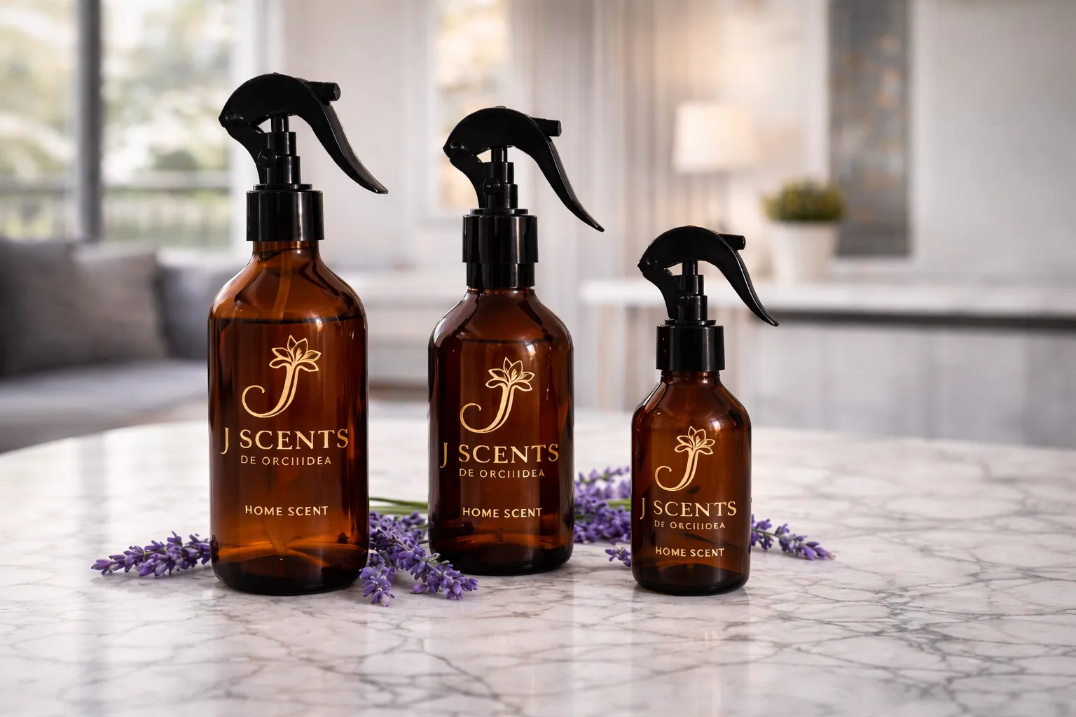 J Scents complete luxury product line including perfumes, candles and diffusers with warm lighting